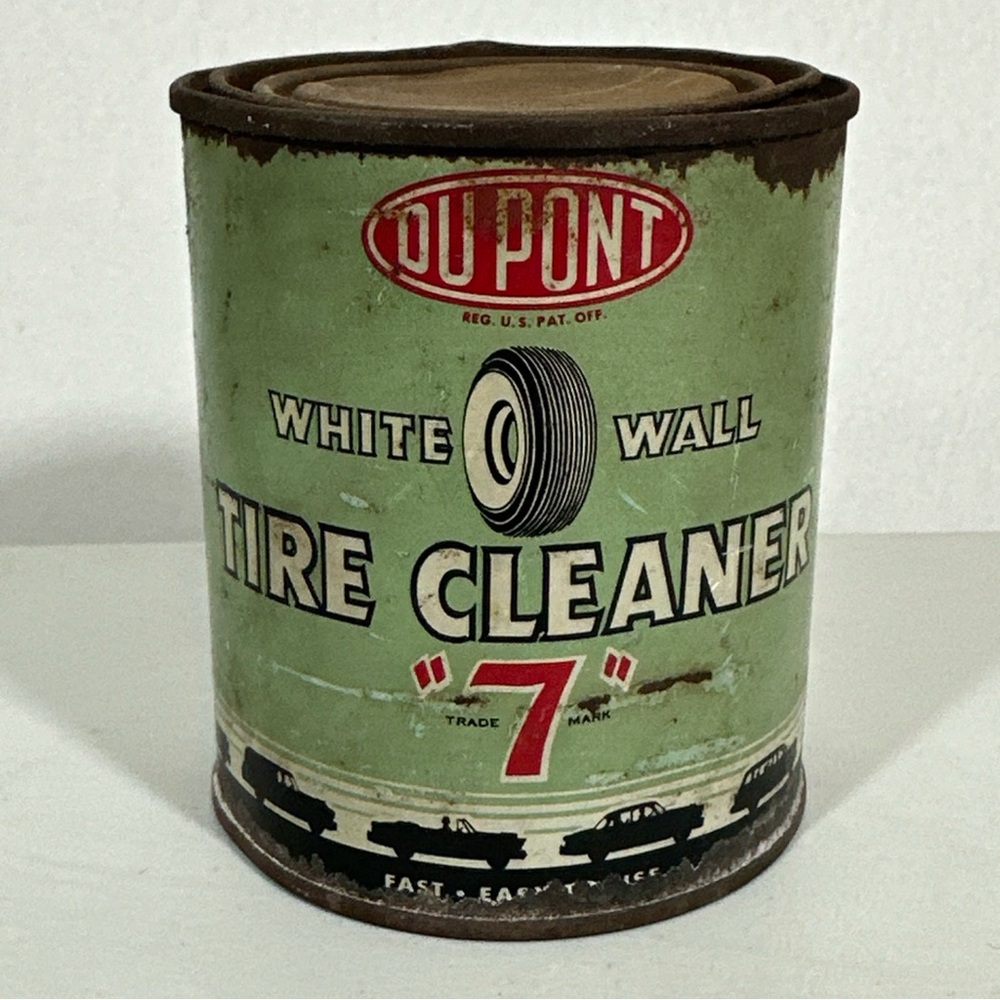 Vintage DuPont White Wall Tire Cleaner  Tin Can "7" Car Auto Graphics Feels Full